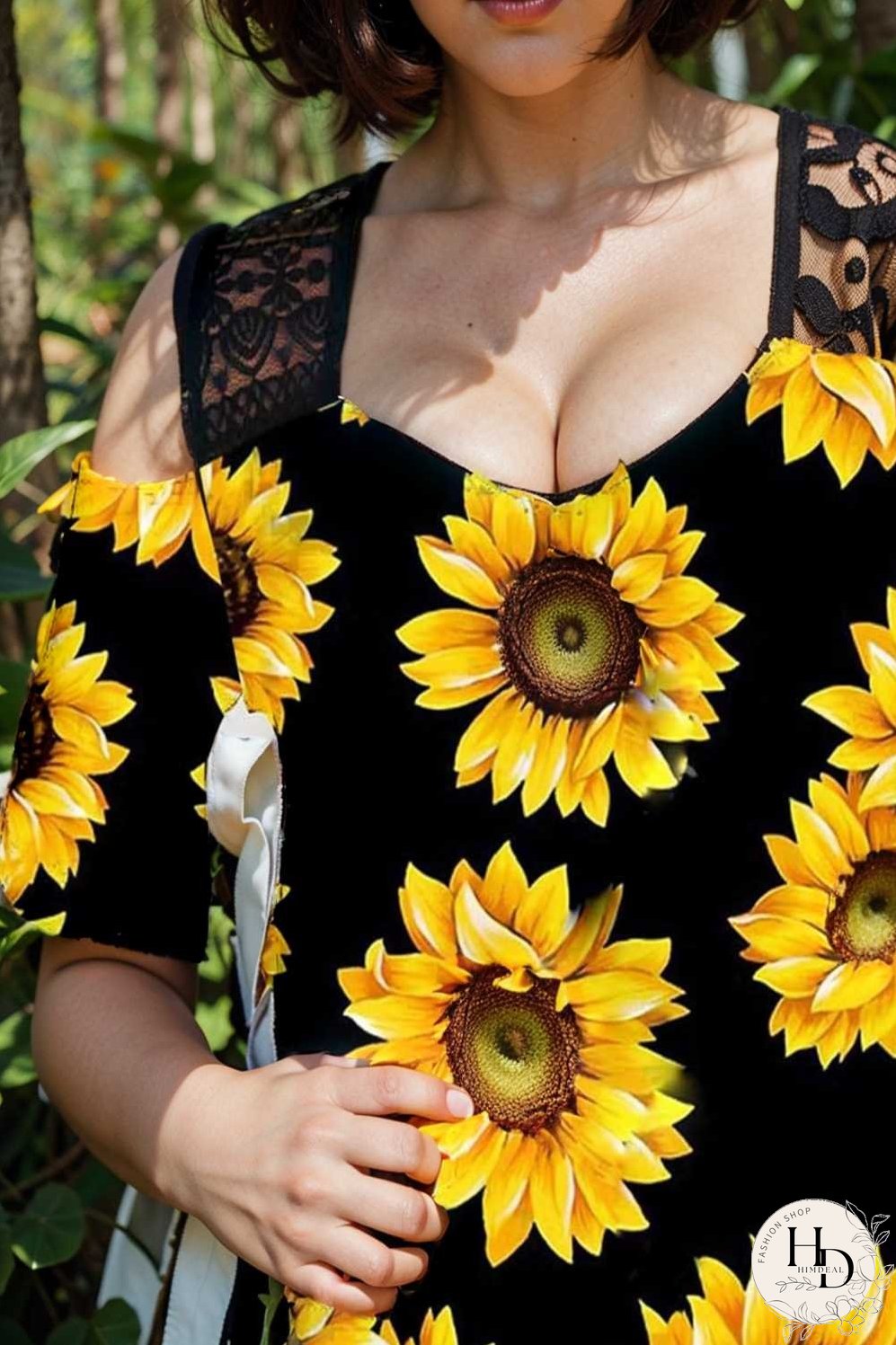 sunflower print off shoulder hollow wide shoulder strap t shirt
