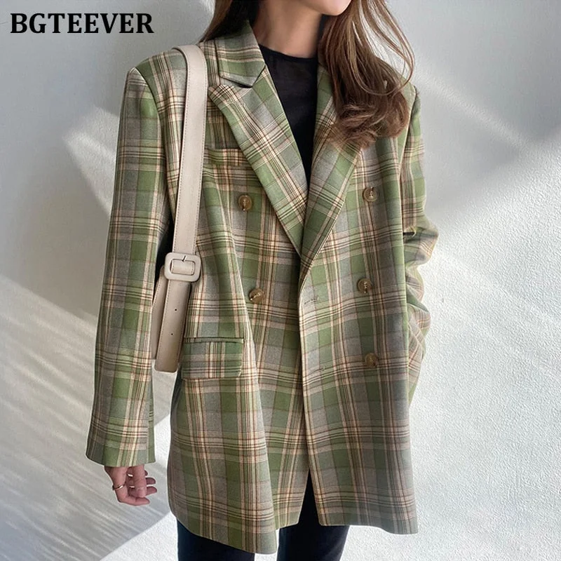 BGTEEVER Vintage Loose Women Jacket Plaid Blazer Autumn Chic Double Breasted Female Long Suit Jackets Stylish Ladies Blazer