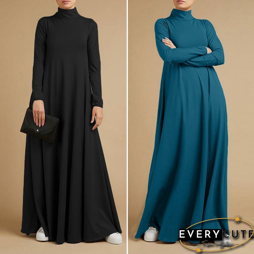 Women Autumn Elegant Plain Kaftan Long Shirt Dress Turtleneck Loose Full Sleeve Midi Dress Plus