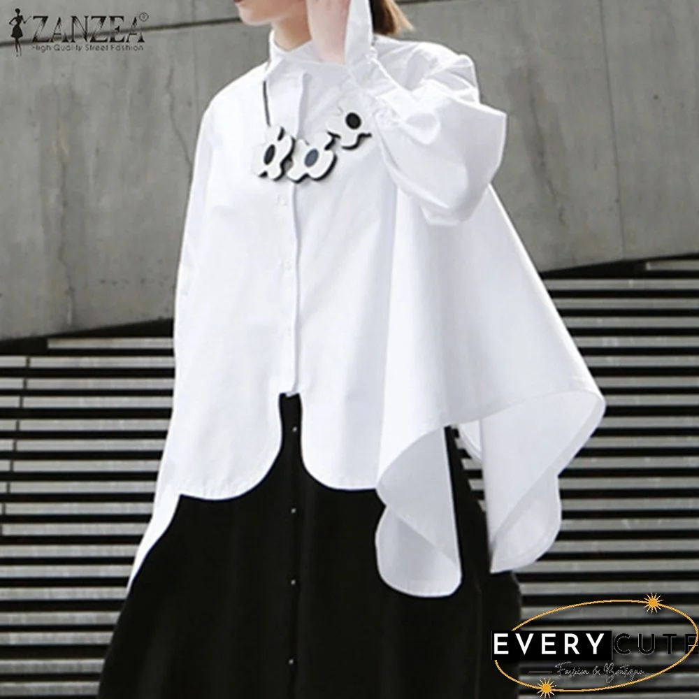 Spring Summer New Women Long Sleeve Button Down Shirt Irregular Hem Blouse Casual Loose Tops