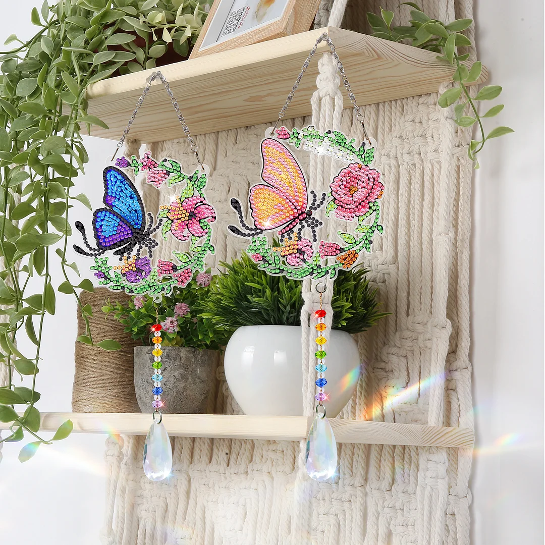 2Pcs Blue and Yellow Butterfly DIY Double-Sided Diamond Painting Hanging Kits Diamond Painting Suncatcher Craft Kit for Home Garden Wall Decor Gift