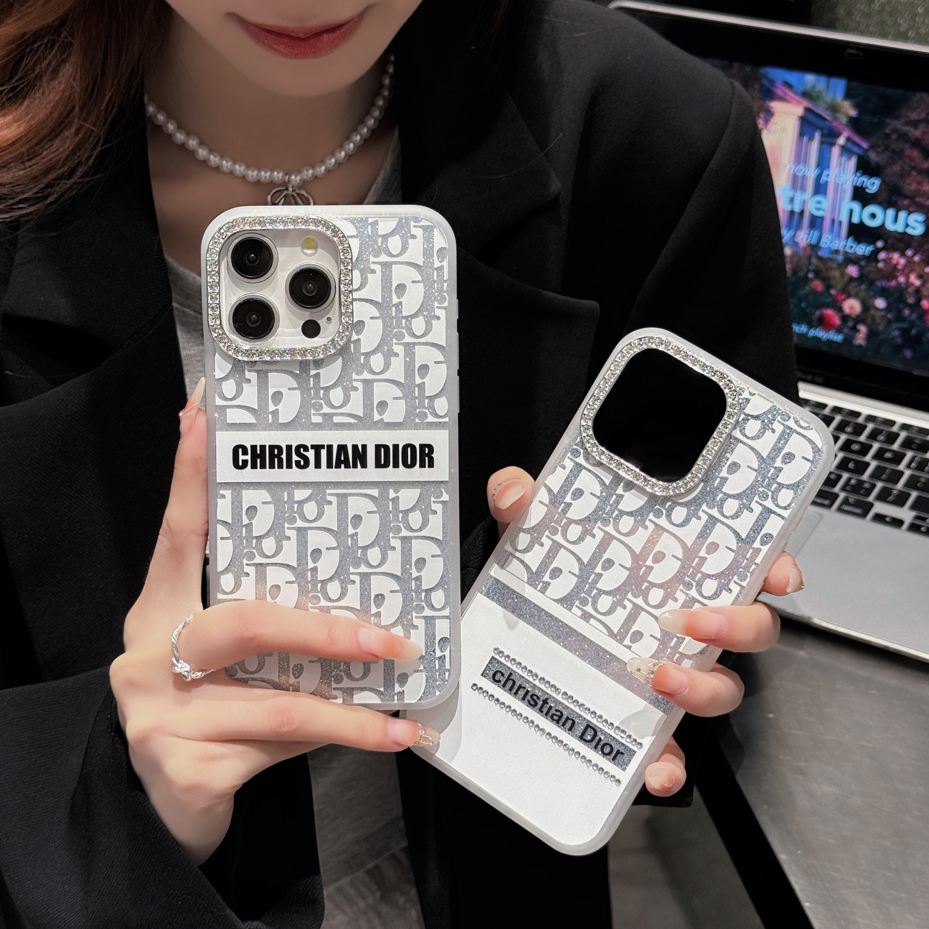 Dior Luxury Monogram Sparkling Diamonds Embellished Apple iPhone Case