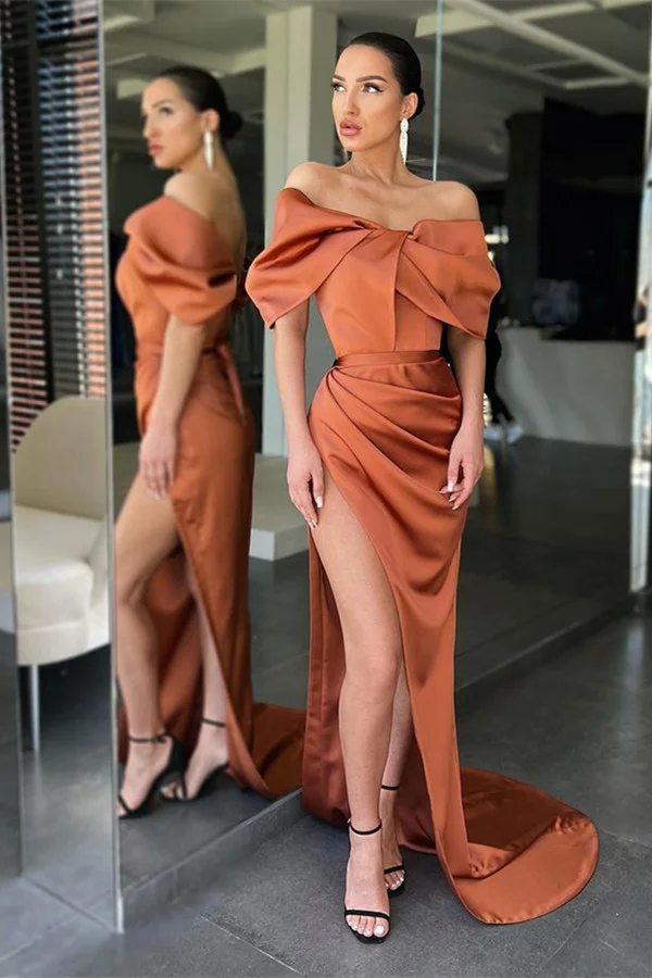 Daisda Mermaid Off-The-Shoulder Burnt Orange Prom Dress Split