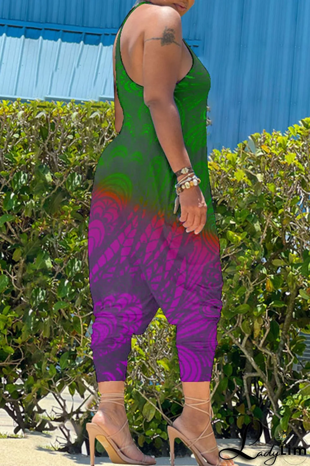 Green Casual Gradual Change Print Patchwork Spaghetti Strap Harlan Jumpsuits