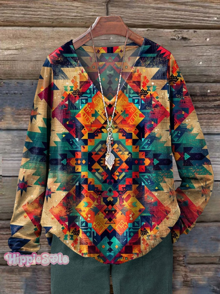 Women’s Abstrct Art Print 100% Cotton Casual V-Neck Long Sleeve Shirt Multicolor / S