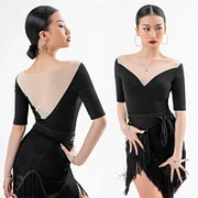 2025 Latin Dance Costumes Sexy Mesh V Neck Black Short Sleeves Tops Women Practice Clothes Samba Latin Performance Wear BL5760