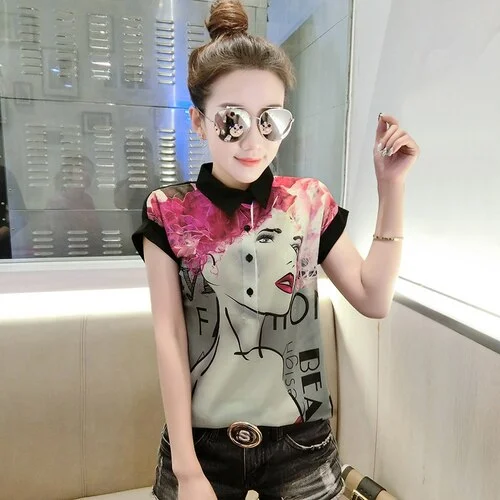 2021 Summer New Style Cool Black Printed Lapel Chiffon Blouse Short Sleeve O-Neck Loose Pullover Woman's Shirts Streetwear 10304