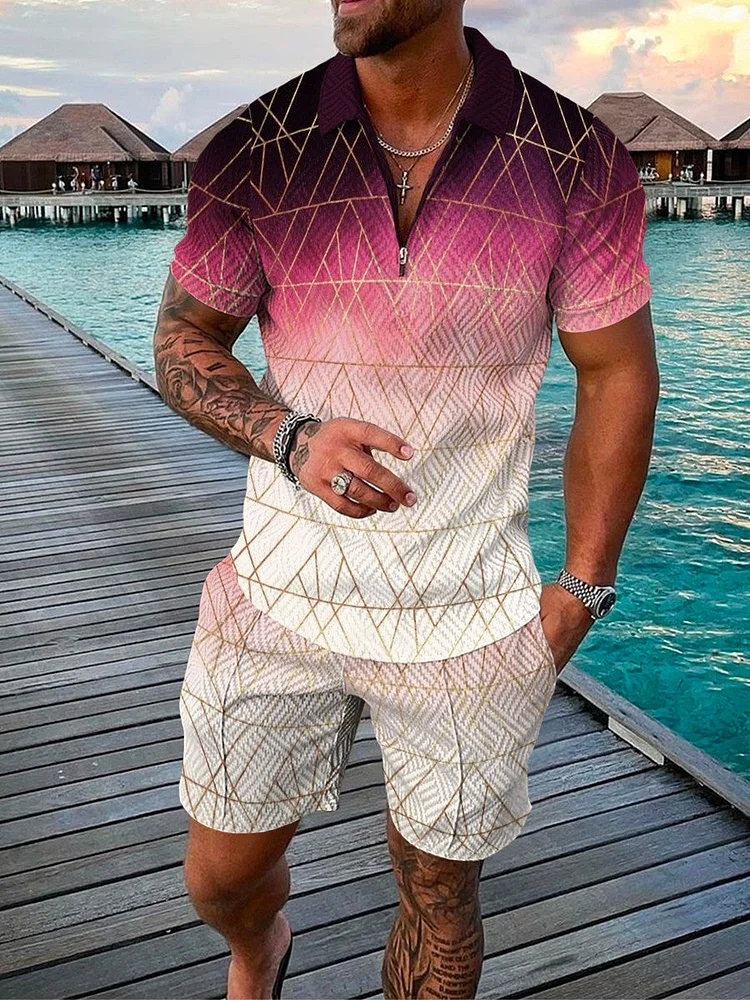 Men's Fashion Printed Zip Polo Shirt and Shorts Two-Piece Suits