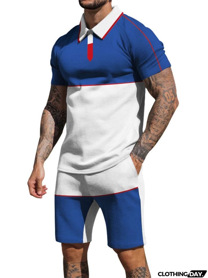 Contrasting Colors Patchwork Two Pieces Summer Sportswear Sets for Men