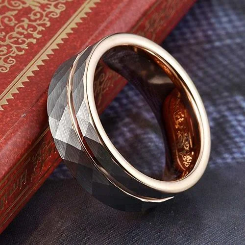 8MM Women's or Men's Tungsten Carbide Wedding Rings Hammered Brushed Silver Tungsten Carbide with Rose Gold Interior and Stripe Design