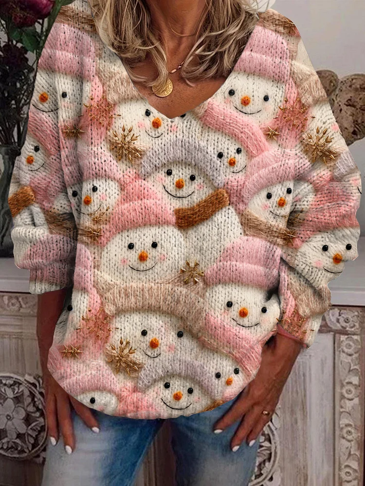 Christmas Snowman Print V-Neck Long Sleeve Sweater