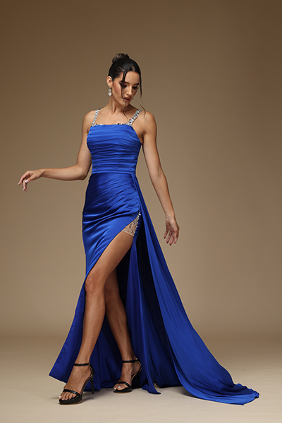 Oknass Simple Royal Blue Satin Sleeveless Pleated Prom Dress with Split