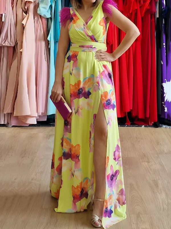 Floral Printed Split-Side Sleeveless V-Neck Maxi Dresses