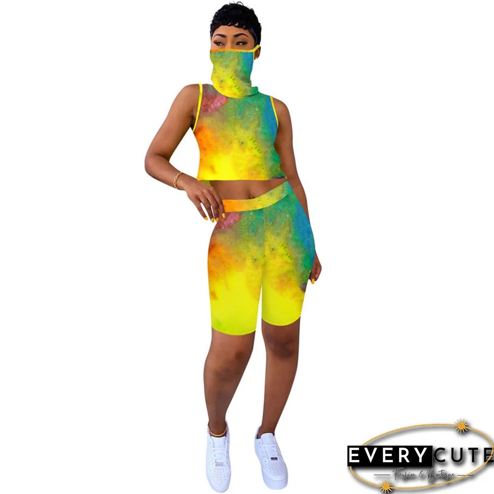 Yellow Tie Dye Tank Top Shorts Set with Mask