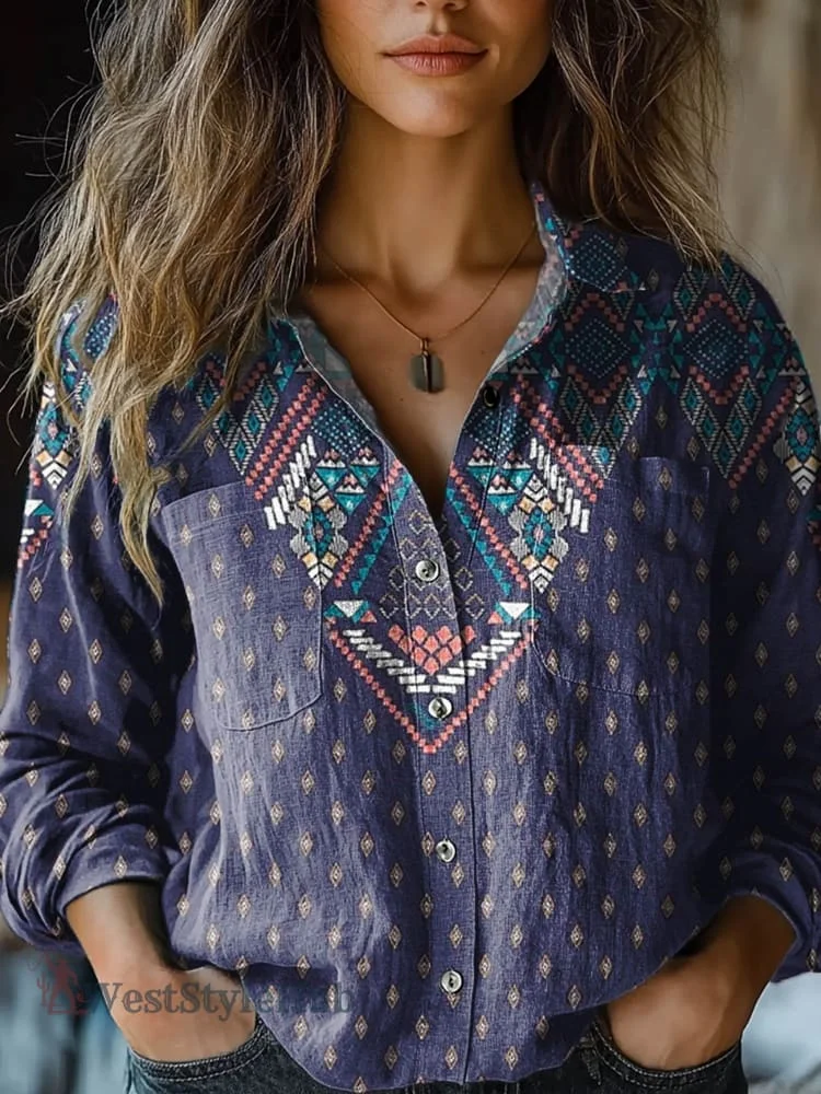Womens Retro Dark Blue Diamond Dots Art Print Casual Long Sleeve Comfortable Cotton Shirt
