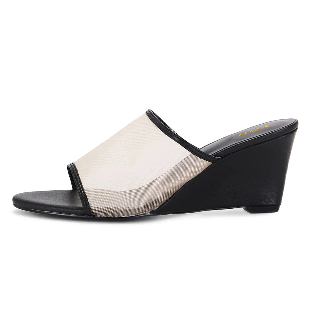 Black Mesh Open Round Toe Wedge Heel Slide Mules for Women