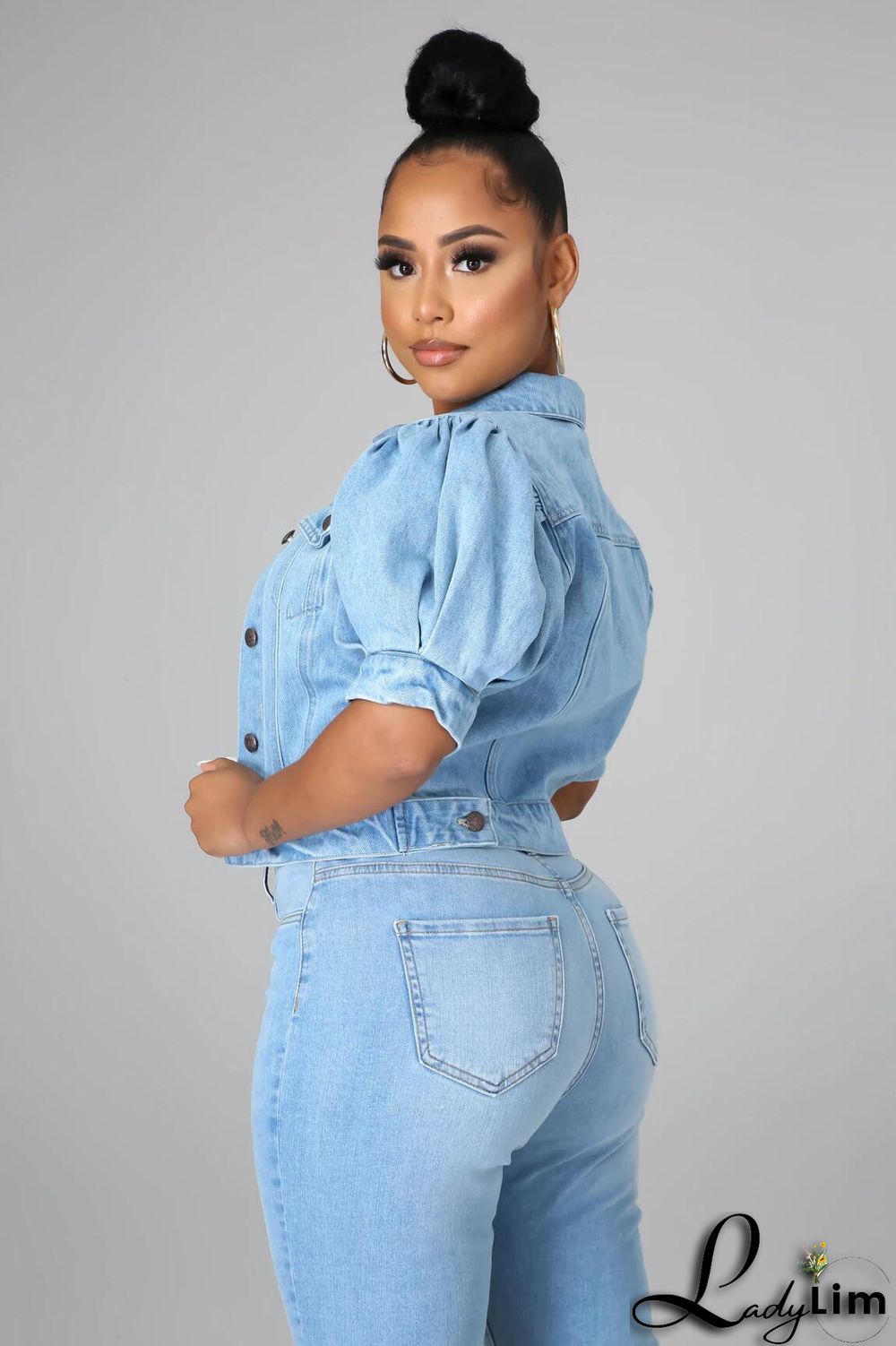 Fashion Button Up Short Sleeve Half Puff Sleeve Women Denim Jacket