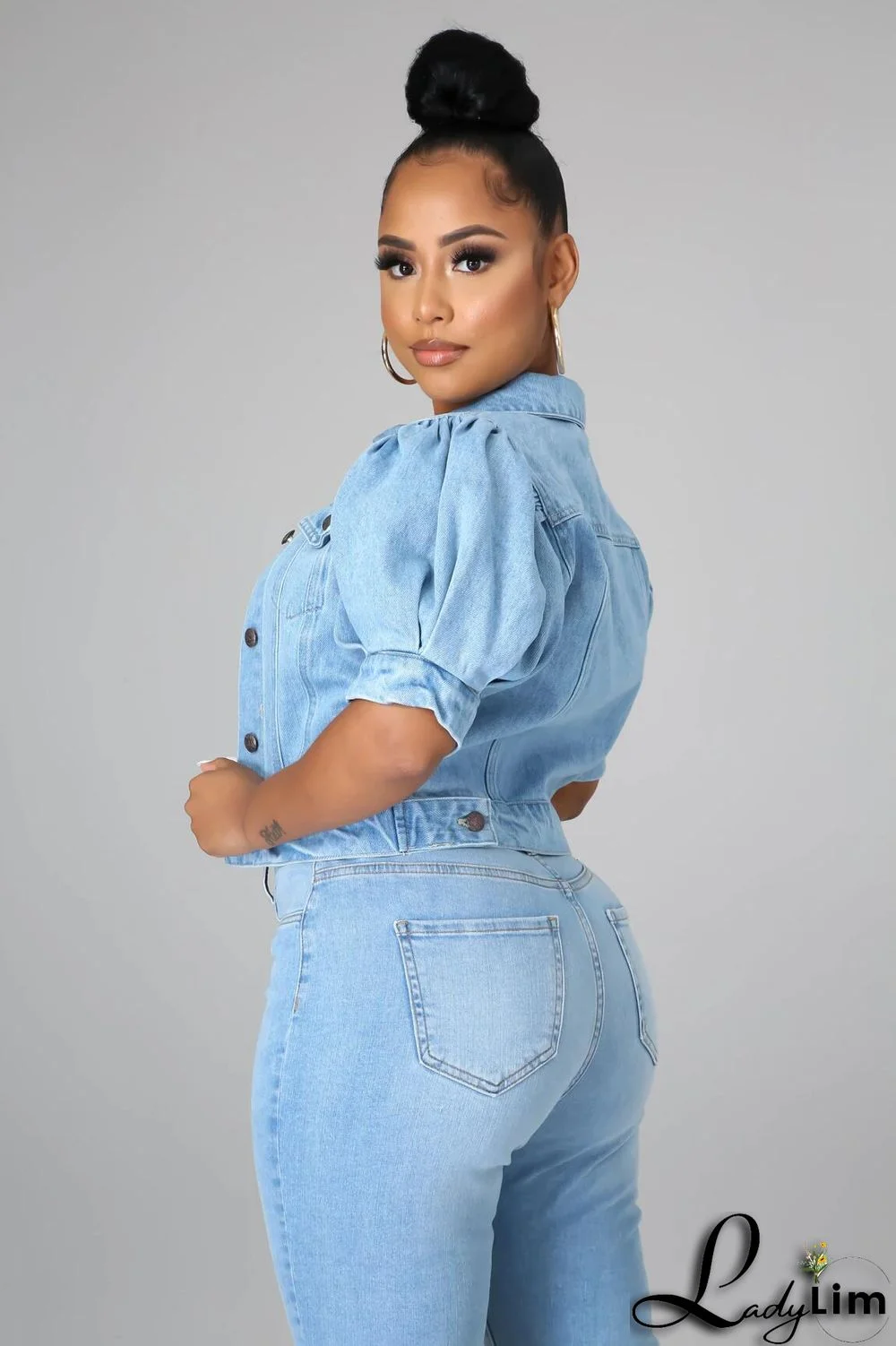 Fashion Button Up Short Sleeve Half Puff Sleeve Women Denim Jacket