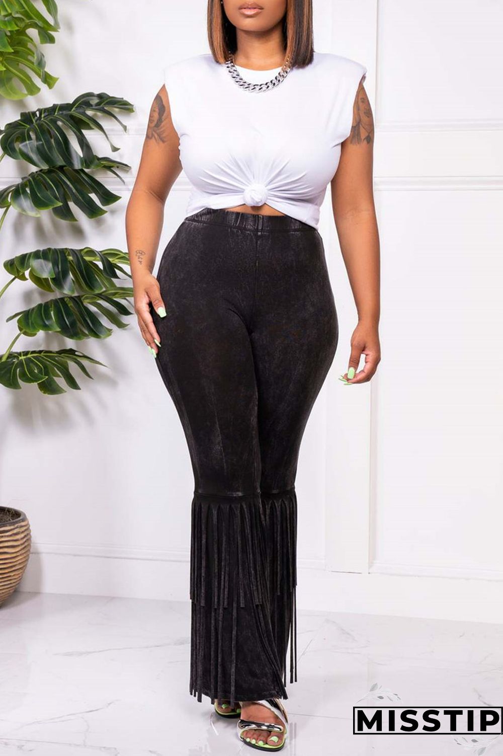 Black Fashion Casual Print Tassel Patchwork O Neck Sleeveless Two Pieces