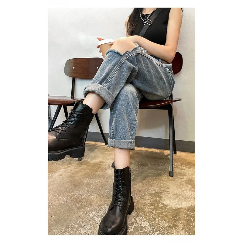 Wongn Wongn Blue Harun Jeans, New Fall 2024, High Waist, Slim, Loose And Pierced Dad Pants