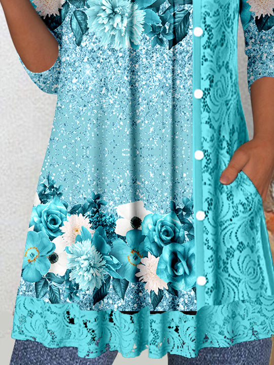 Women Long Sleeve Scoop Neck Floral Printed Graphic Lace Button Tops