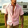 Men's Linen Short Sleeve Shirt Summer Casual Button Down Top Breathable Lightweight Pink Dress Shirt for Beach Vacation by Inlyline