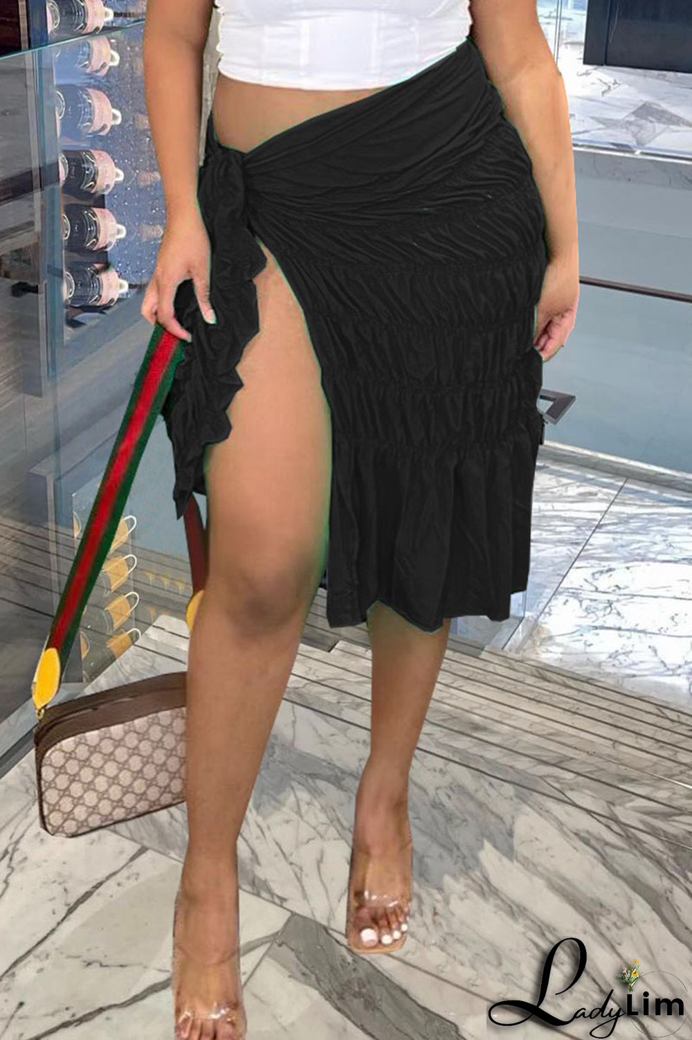 Lake Blue Sexy Solid Bandage Split Joint Slit Fold Straight Mid Waist Straight Solid Color Bottoms