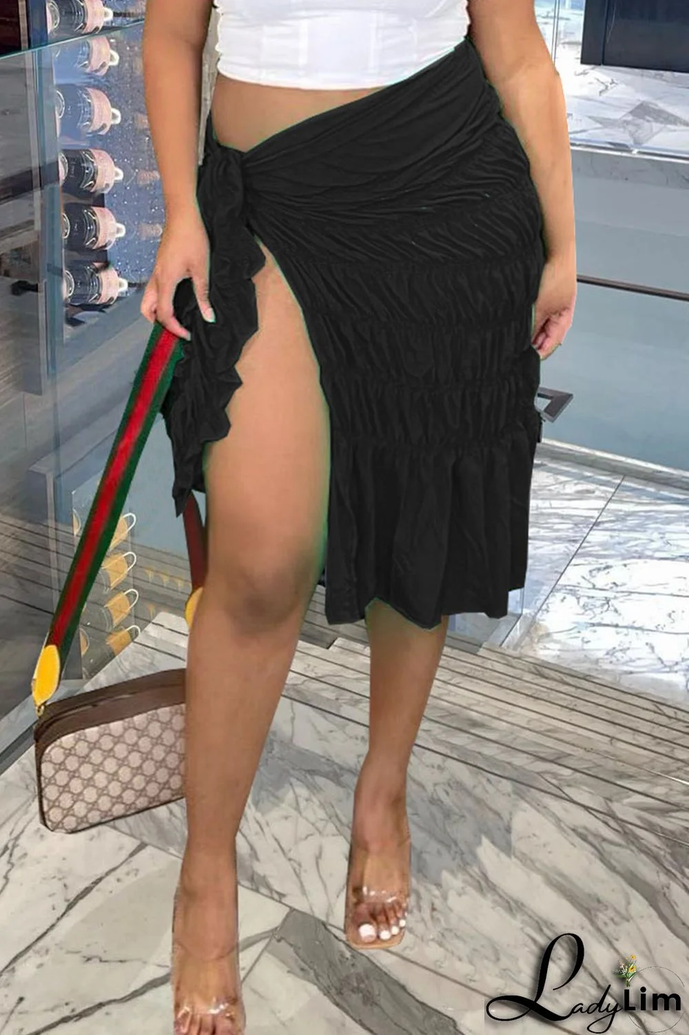 Lake Blue Sexy Solid Bandage Split Joint Slit Fold Straight Mid Waist Straight Solid Color Bottoms