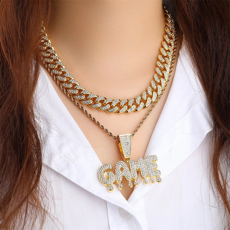 Hip Hop Game Letter Pendant Necklace Full Diamond Full Zirconium Gold Plated Cuban Link Chain Advanced Accessories