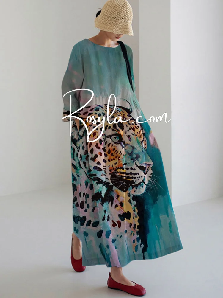 Women's Casual Tie dye Leopard Print Long Sleeve Midi Dress