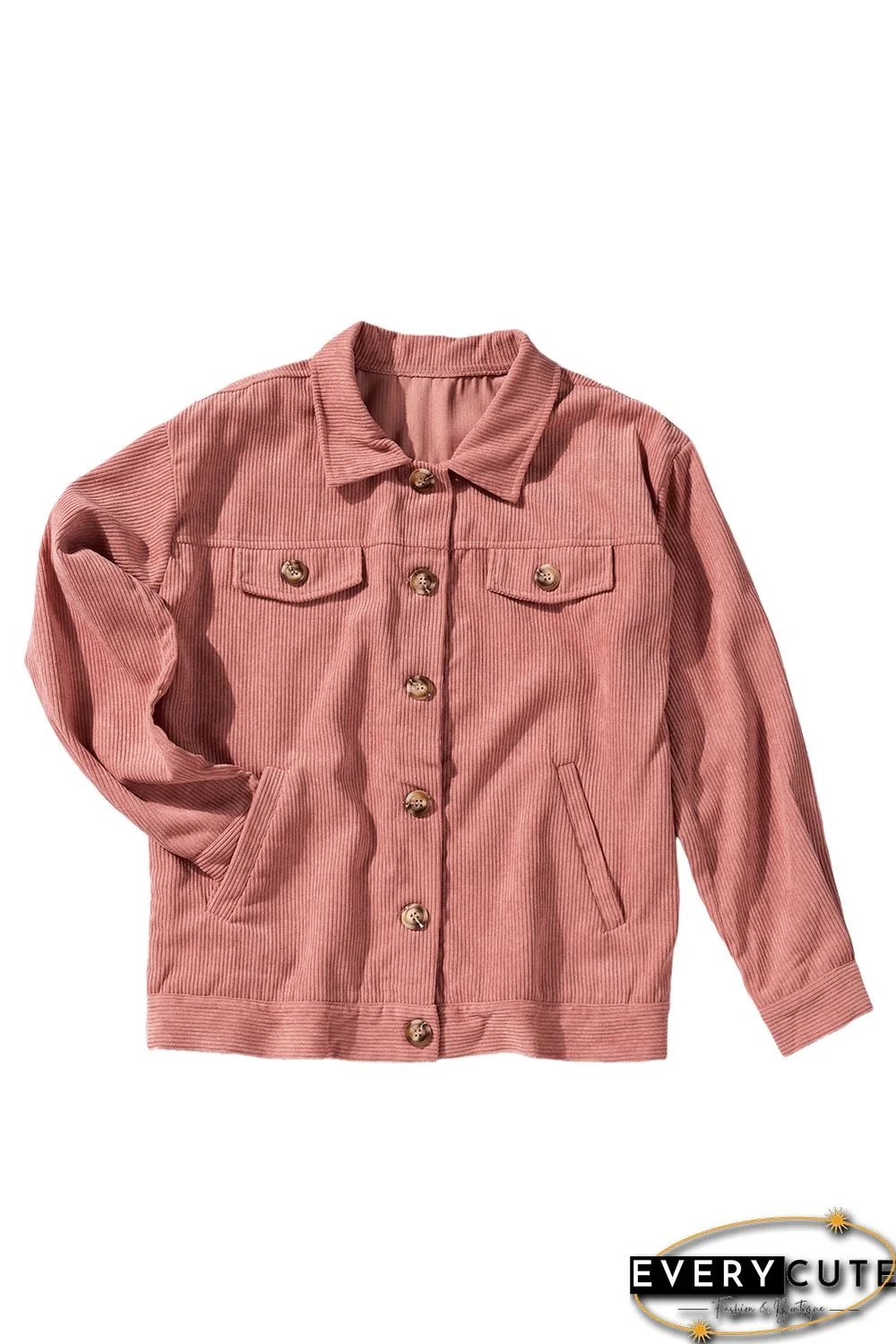 Pink Ribbed Corduroy Long Sleeve Jacket with Pocket