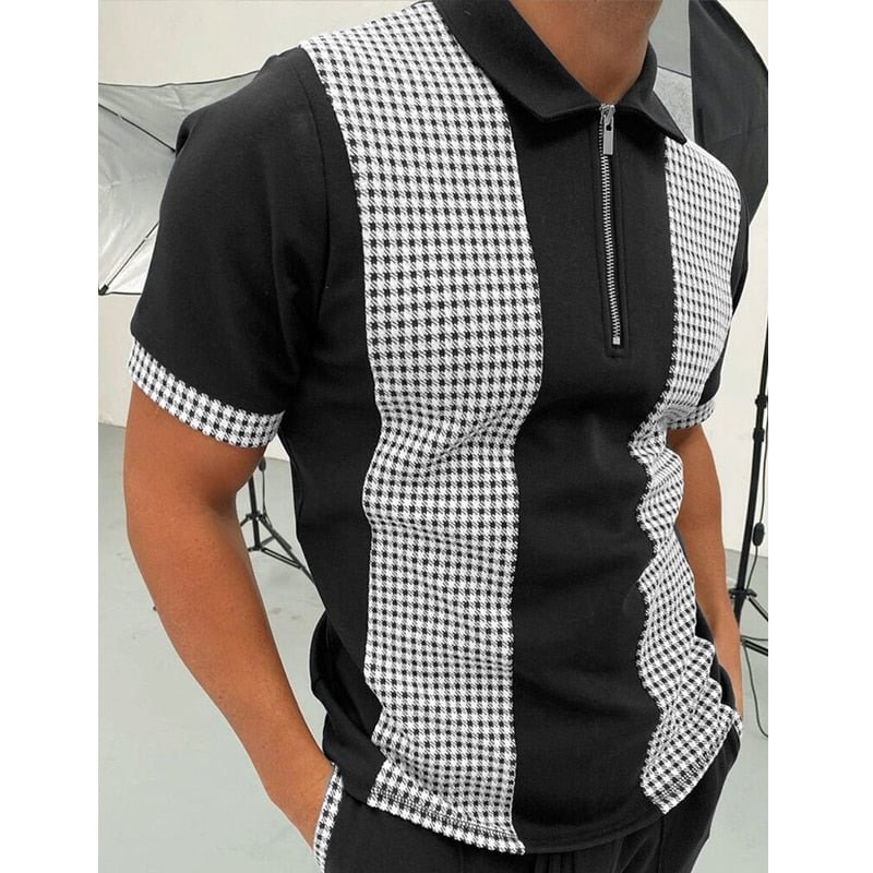 2021 Summer Fashion Men Polo Shirts Casual Plaid Turn-down Collar Zipper Design Short Sleeve Tops Harajuku Mens Streetwear M-3XL