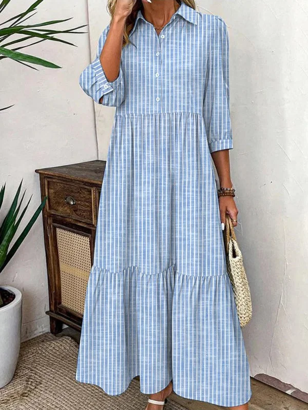 Women Half Sleeve Shirt Collar Striped Printed Graphic Button Maxi Dress
