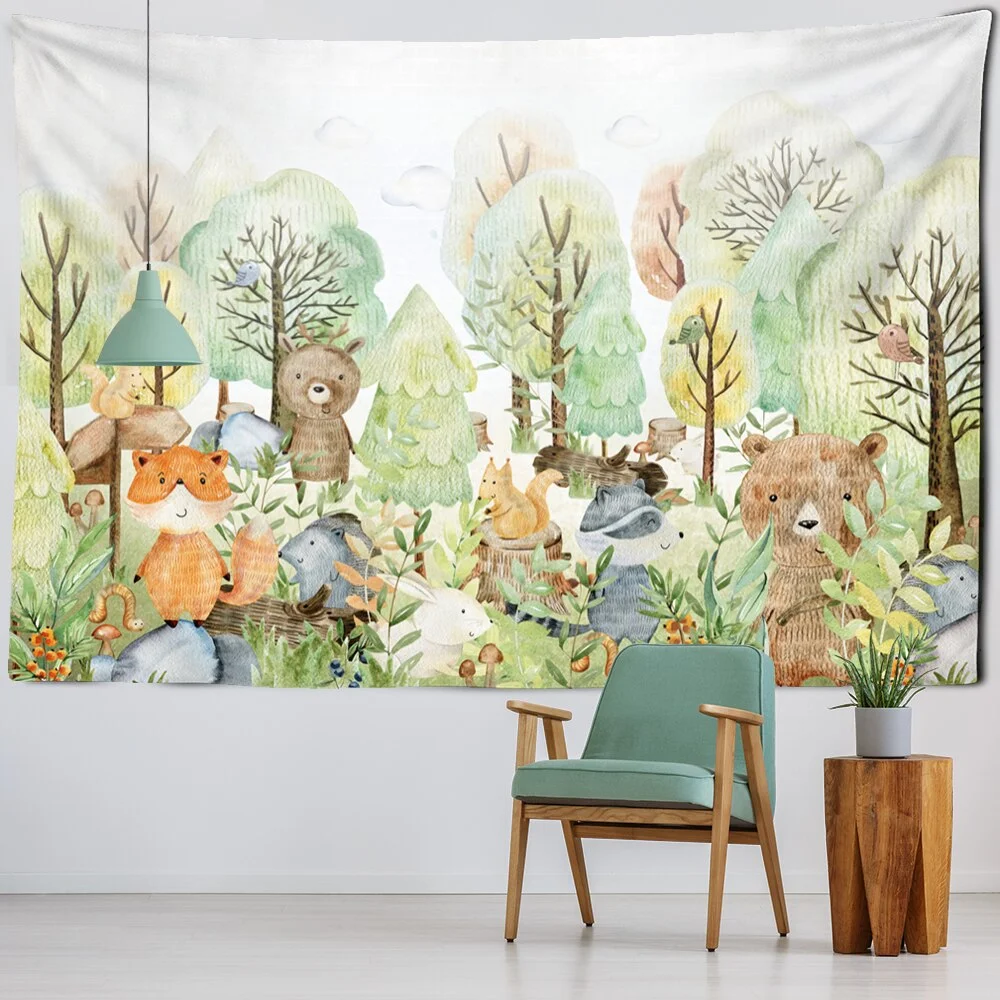 Animal Forest Illustration Tapestry Wall Hanging Bohemian Style Art Witchcraft Kawaii Cartoon Dormitory Home Decor