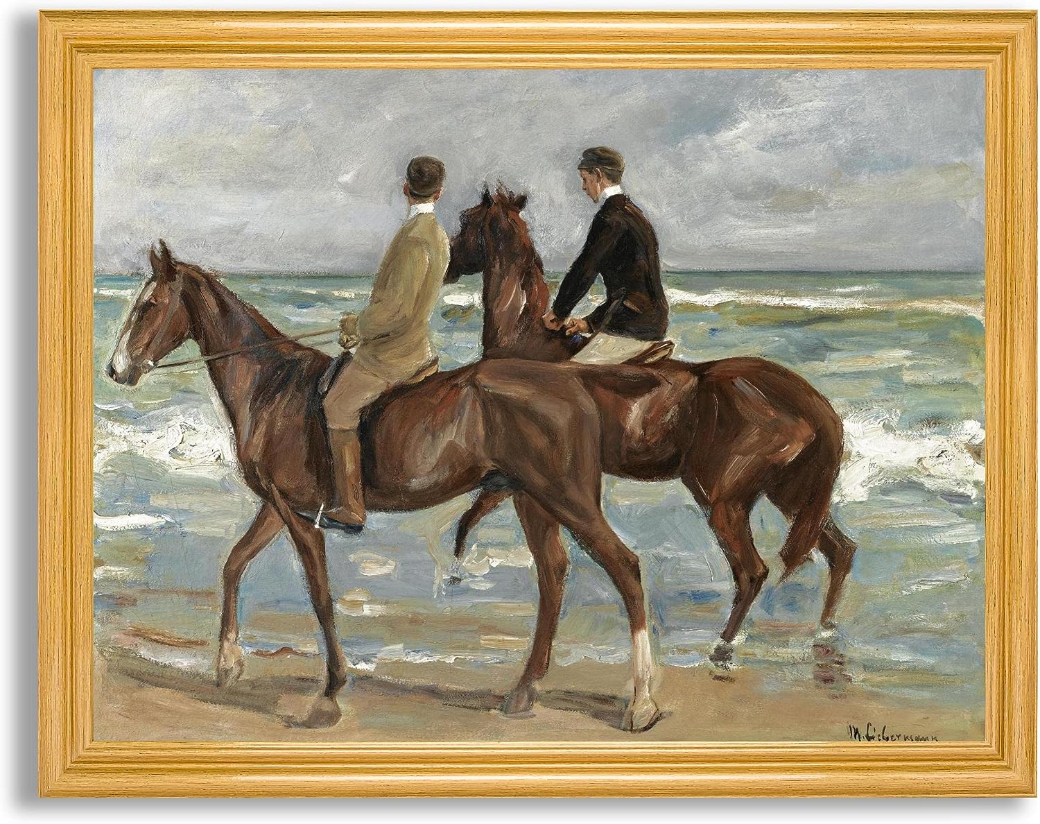 Two Riders on The Beach 1901 by Max Liebermann Framed Canvas Wall Art Decor | Fine Artwork Painting Reproduction Canvases | Gallery Print in Wood Frame | Gift for Home Bedroom & Living Room Walls Two Riders on the Beach 1901