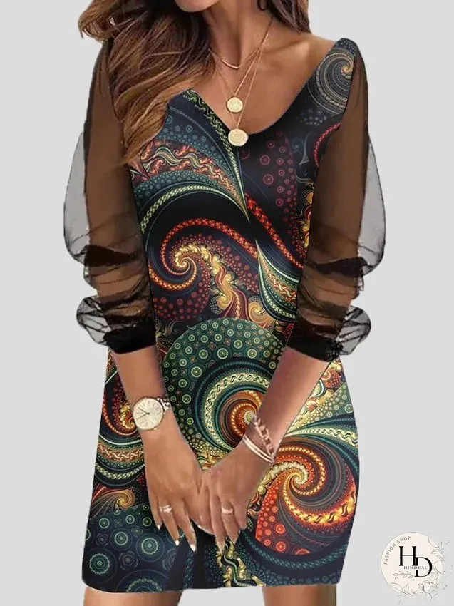Dresses Printed Slim Fit Mesh Long Sleeve Dress for Women