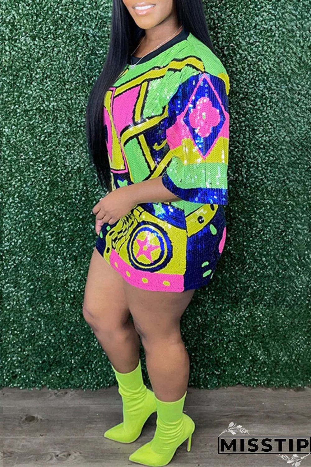 Rose Red Fashion Casual Patchwork Sequins O Neck A Line Dresses