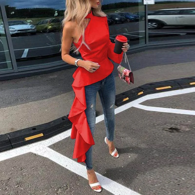 Women Blouse VONDA 2022 Ladies Off Shoulder Asymmetric Long Shirts Sexy One Sleeve Irregular Office Tops Bohemian Blusas