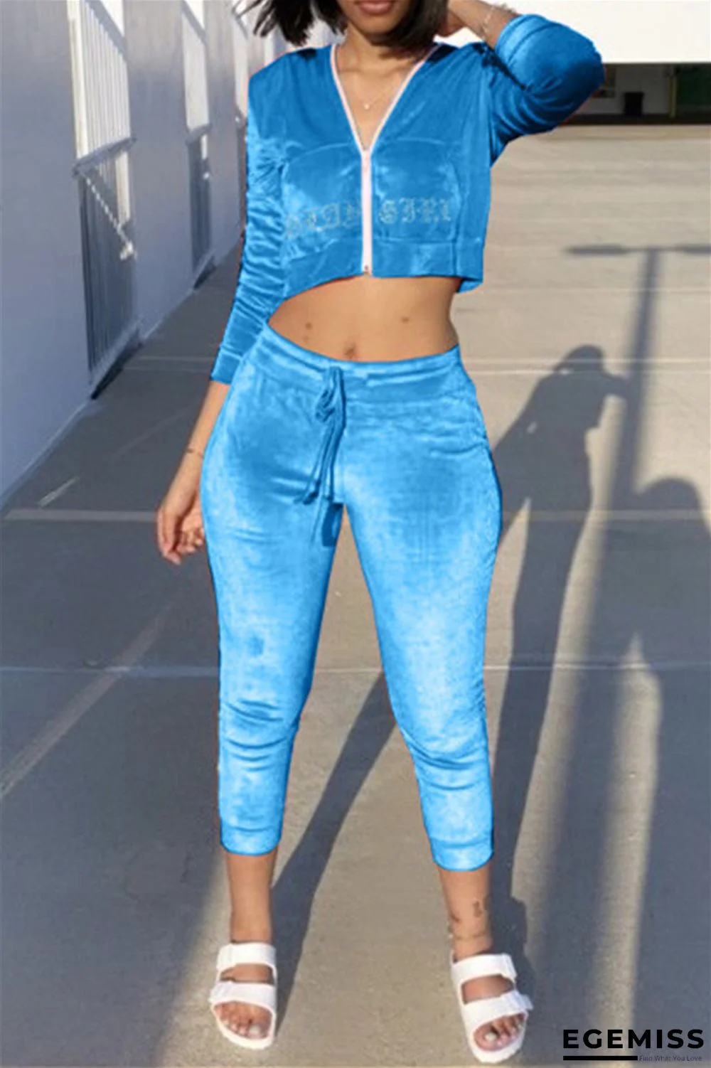 Blue Fashion Casual Solid Hot Drill Zipper Collar Long Sleeve Two Pieces | EGEMISS