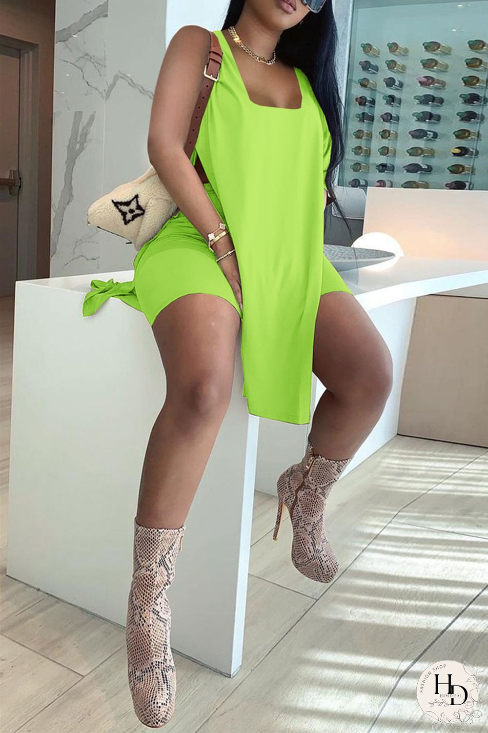 Rose Red Fashion Casual Solid Slit U Neck Sleeveless Two Pieces