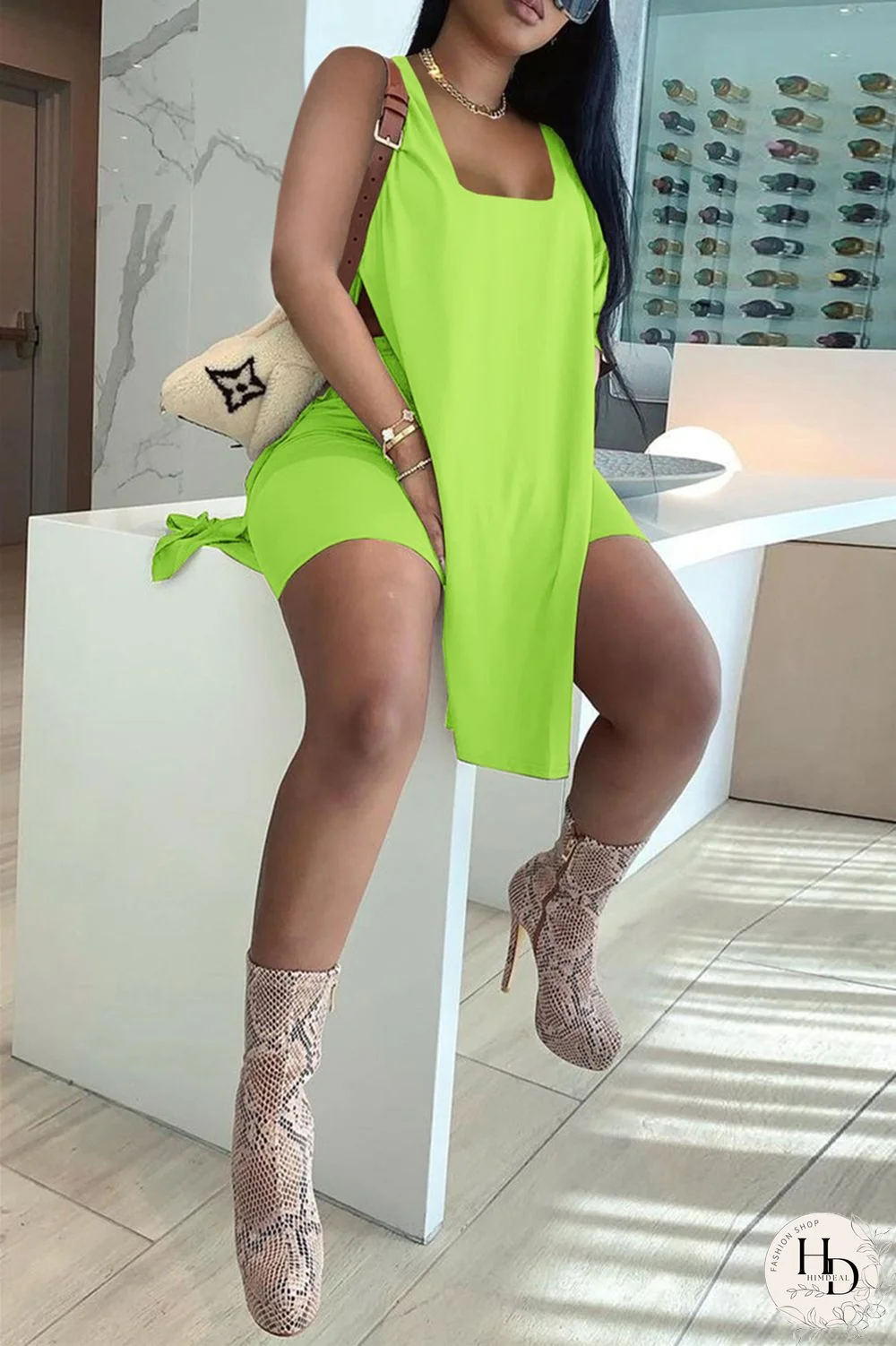 Rose Red Fashion Casual Solid Slit U Neck Sleeveless Two Pieces