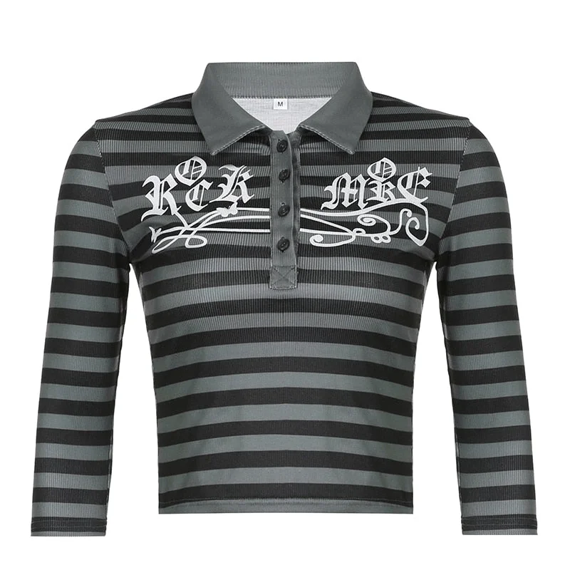 Gothic Striped Grunge Clothes Women Y2K Fairycore Cute Crop Tops Tee Dark Academia Chic Casual Aesthetic Shirts Cuteandpsycho