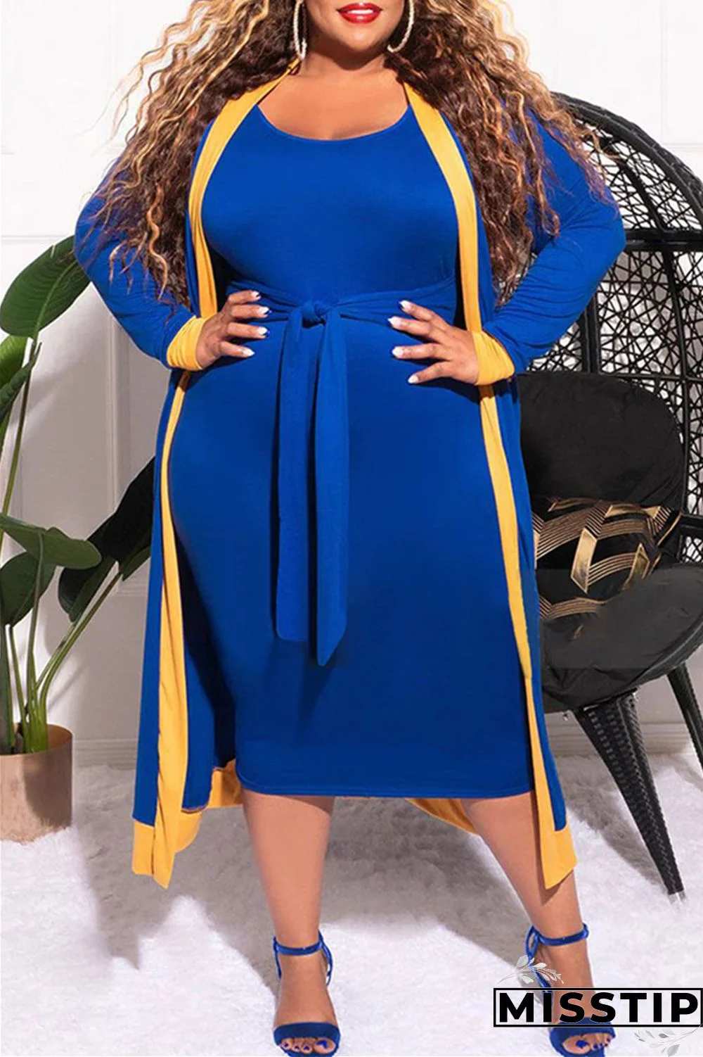 Blue Fashion Casual Solid Patchwork O Neck Plus Size Two Pieces