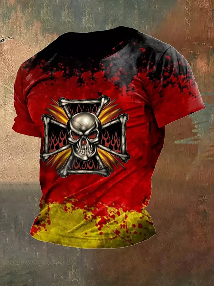 Männer Eisernes Kreuz Schädel bedrucktes Kurzarm-T-Shirt