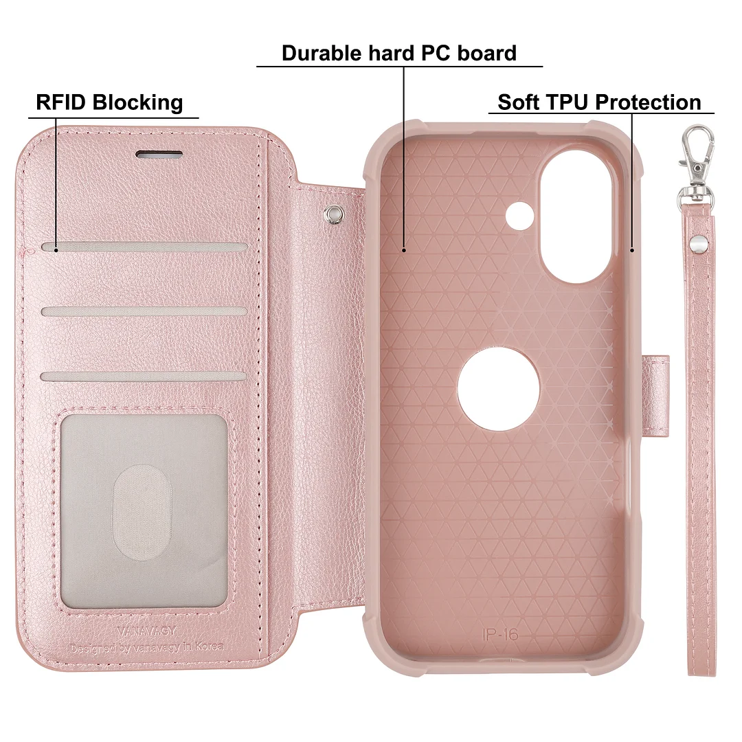 VANAVAGY Compatible for iPhone 16 Wallet Case for Magsafe Wireless Charging,Leather Flip Folio Wrist [Glass Screen Protectors & Camera Lens Protectors] with RFID Block Card Holder