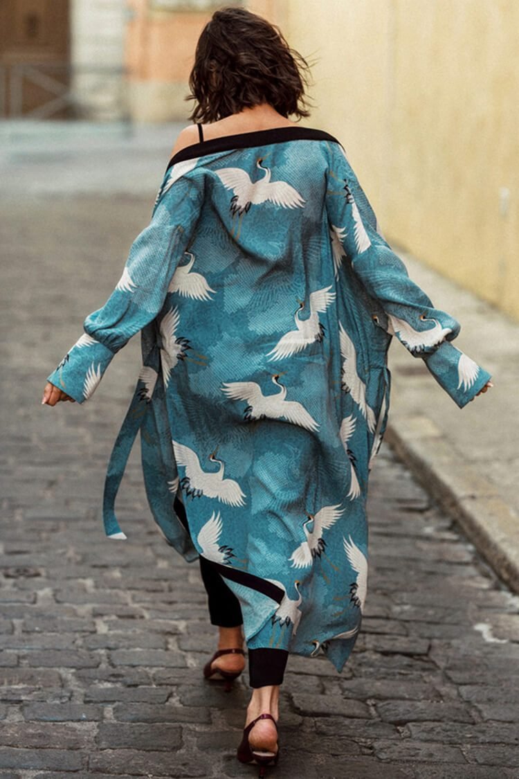Breezy High Slit Crane Printed Belted Beach Cover Up - Shop Trendy Women's Clothing | LoverChic
