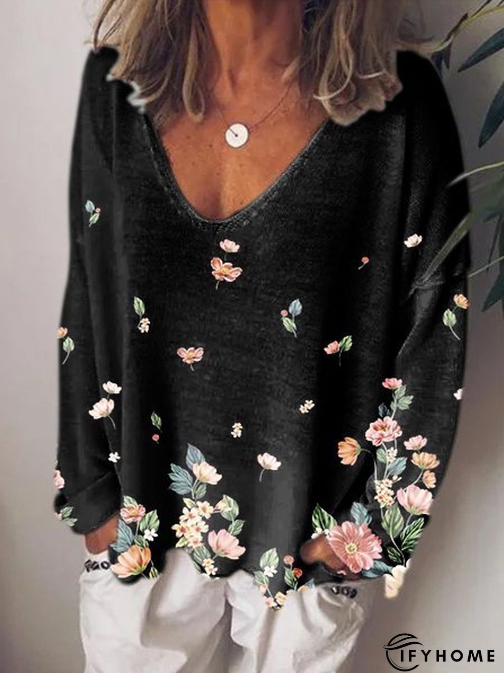 V Neck Striped Casual Long Sleeve Top | IFYHOME