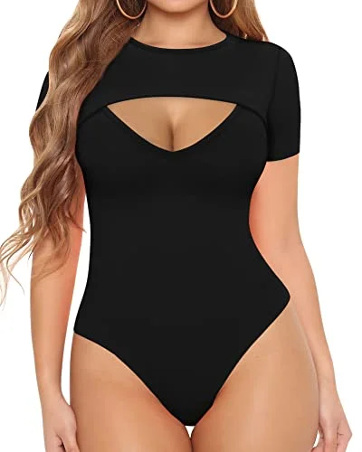 MANGOPOP Sexy Cutout Front V Neck Short Sleeve Bodysuit for Women for Going Out