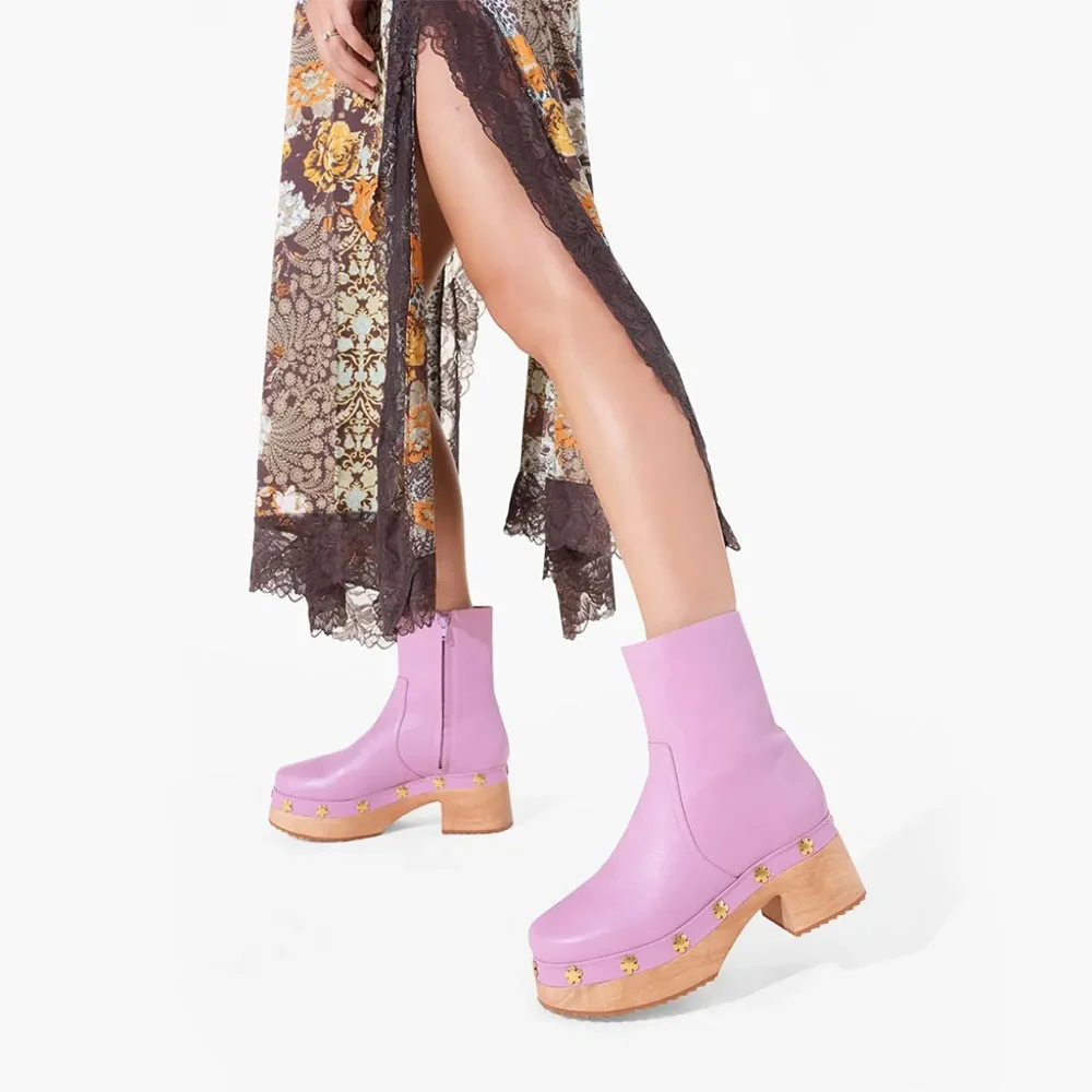 Light Purple Chunky Heel Flower Studded Platform Booties with Zipper