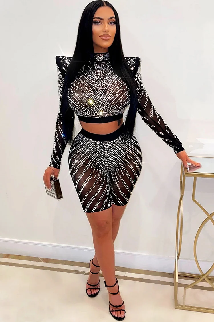 Rhinestone Mesh Padded Shoulder Party Shorts Two Piece Set